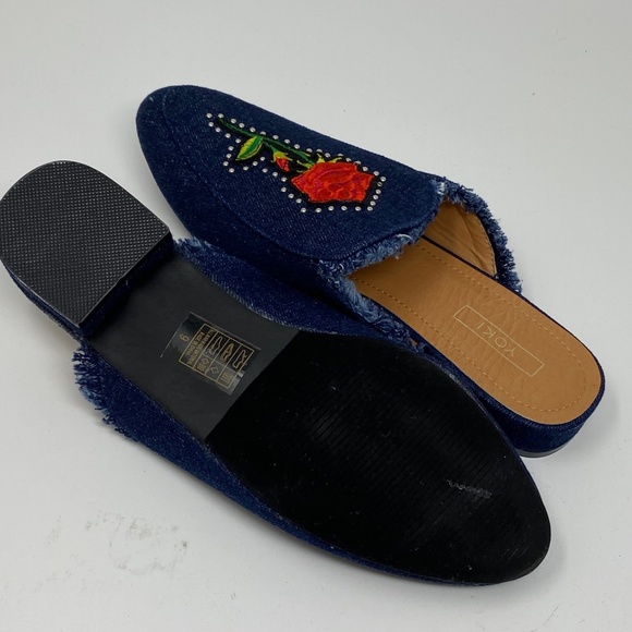 Yoki Womens Mules Dark Blue Denim Red Rose Appliqué Silver Studs Willas Shoes - Picture 6 of 6